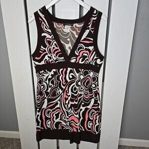 City Triangles Sleeveless Floral Abstract Print V-Neck Brown Pink Dress XL Y2K